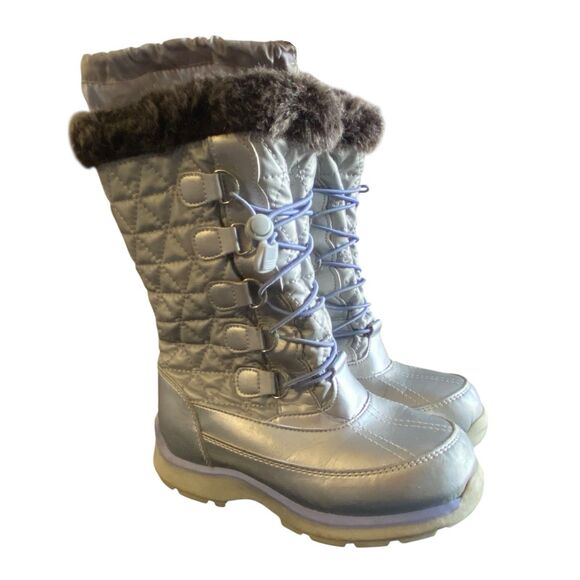 Lands End Snowflake Tall Silver Insulated Snow Boots Lined Faux Fur Girls Size 1 - Picture 2 of 9